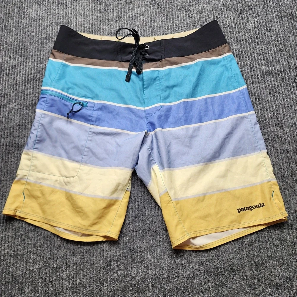 Patagonia Mens Board Shorts Size 30 Blue Yellow Striped Swim Trunks Surf‎
